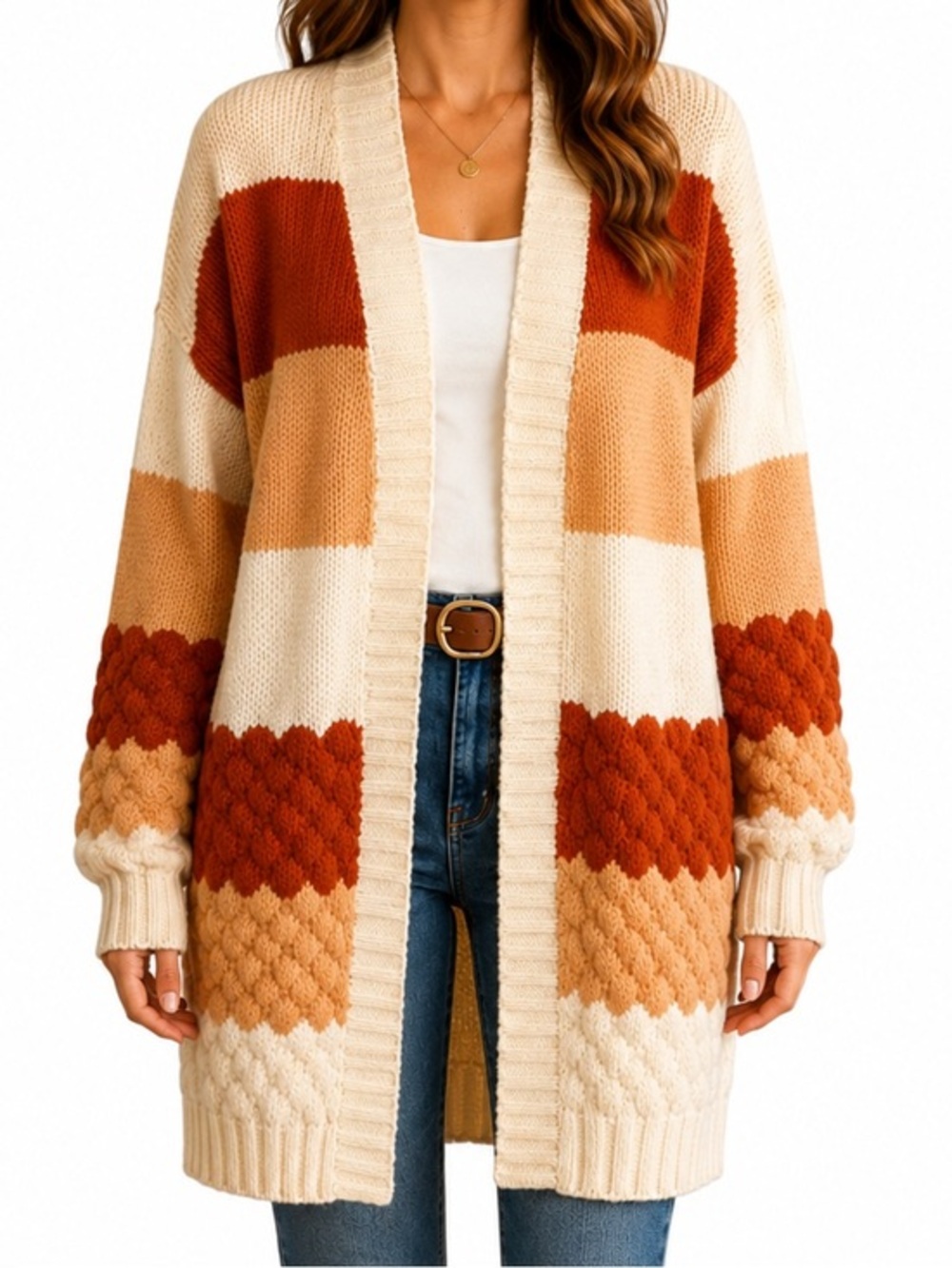 Grace Karin XL Colorblock Long Open Front Cardigan Sweater Boho Duster Cozy